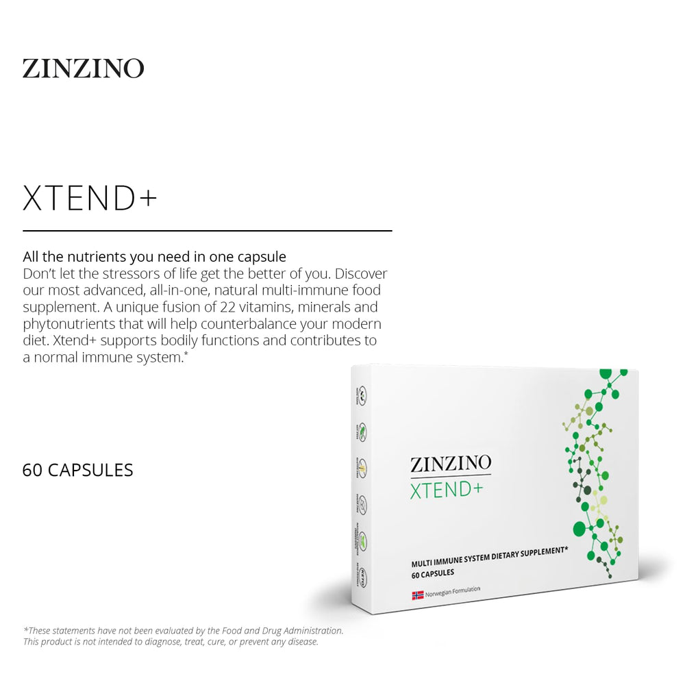Zinzino Xtend+ ingredients panel lists vitamins and minerals for a balanced profile.