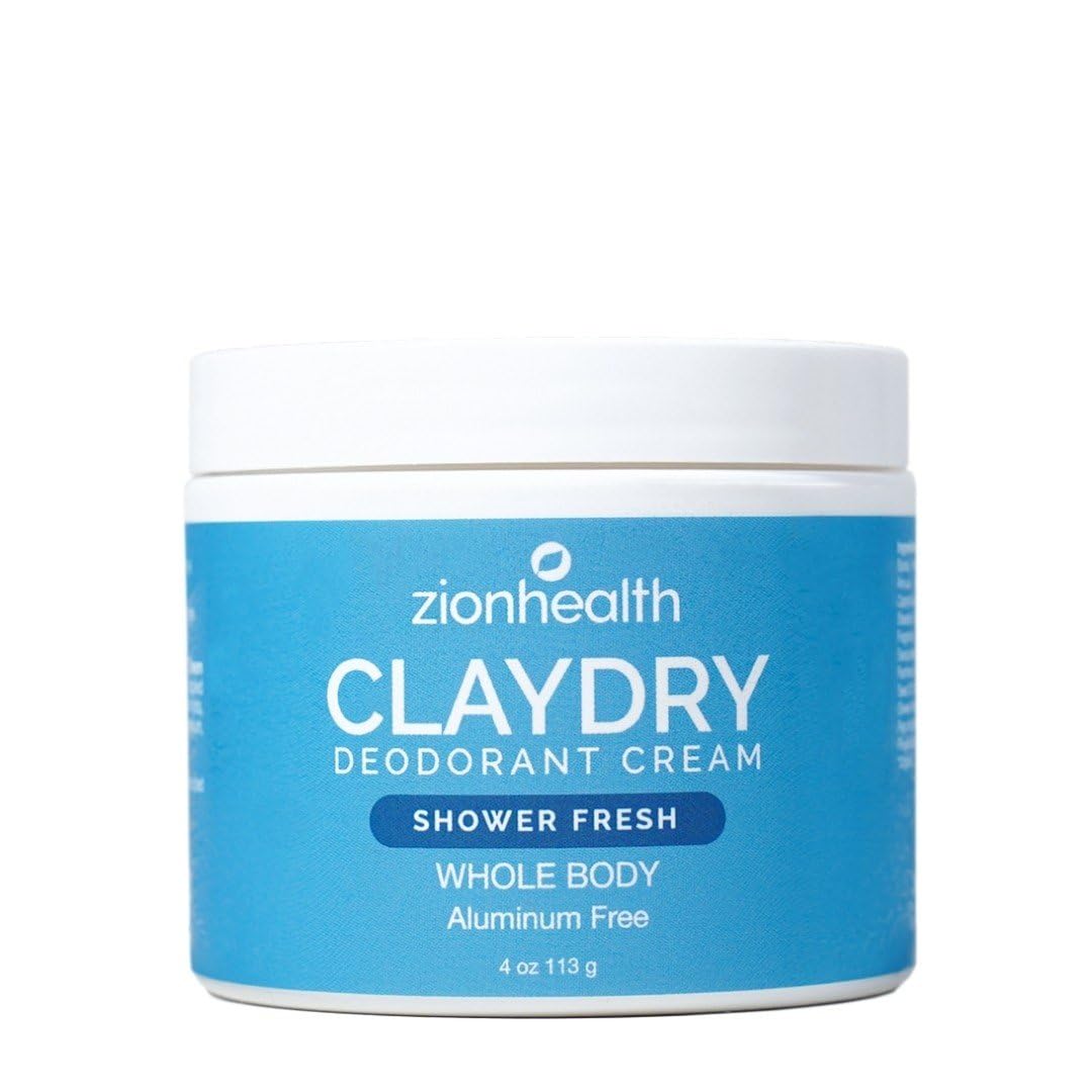 Zion Health Clay Dry Deodorant bottle shows shower-fresh formula for allover odor protection.