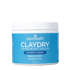 Zion Health Clay Dry Deodorant bottle shows shower-fresh formula for allover odor protection.