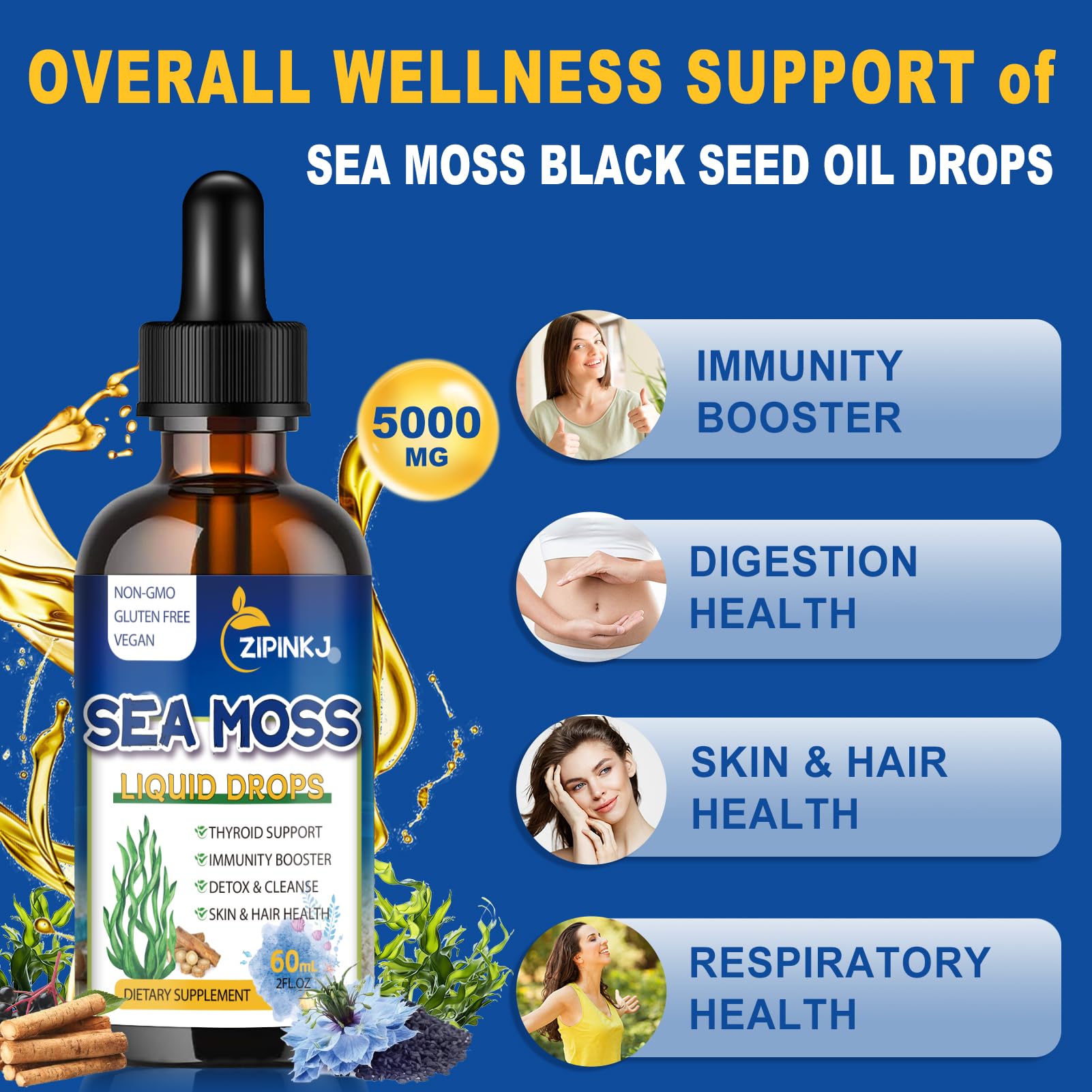 ZIPINKJ Sea Moss Drops bottle with open dropper for easy dosing