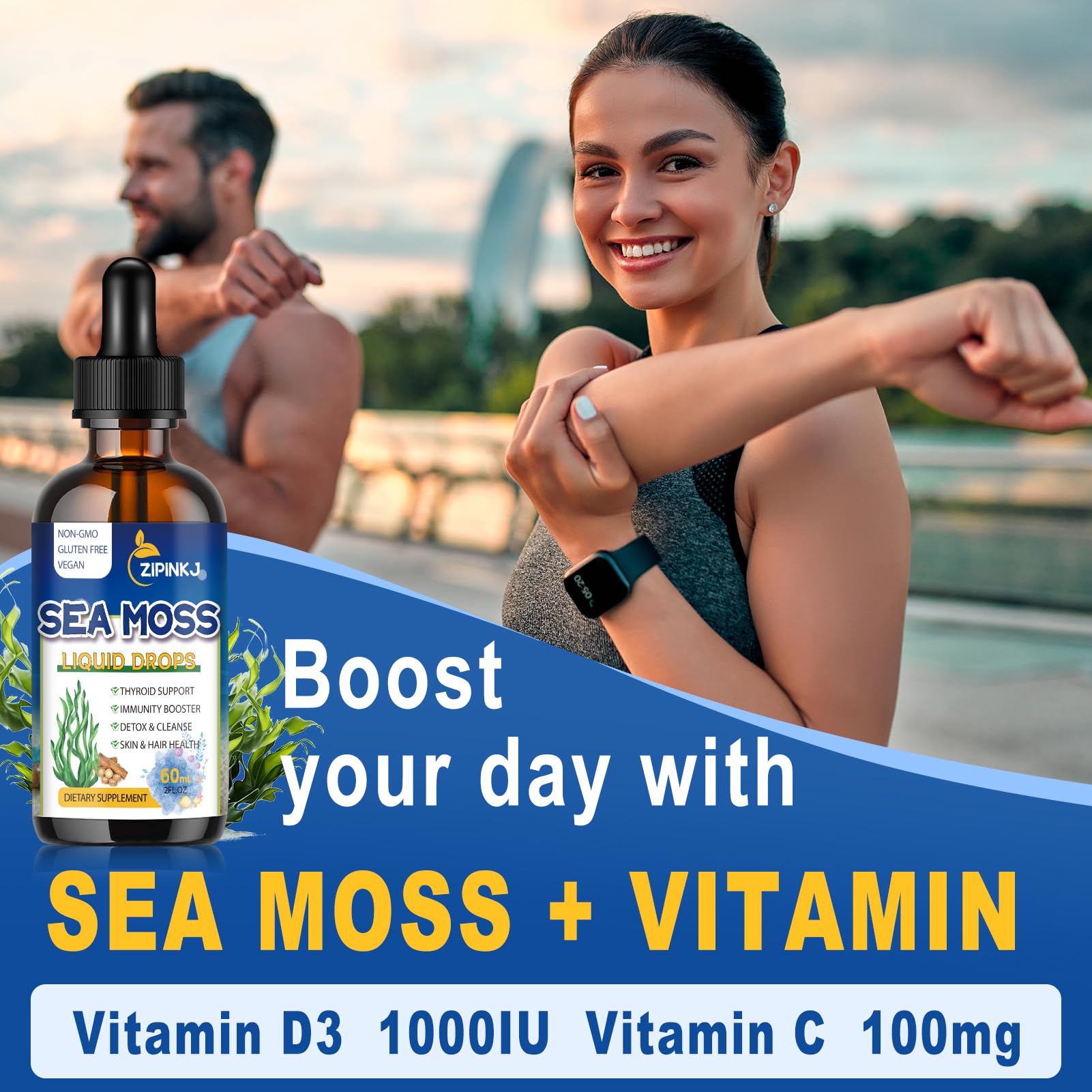 ZIPINKJ Sea Moss Drops ingredients panel highlights Irish Sea Moss and Black Seed Oil
