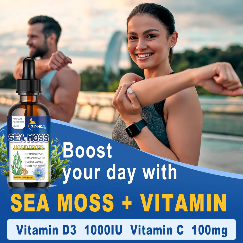 ZIPINKJ Sea Moss Drops ingredients panel highlights Irish Sea Moss and Black Seed Oil