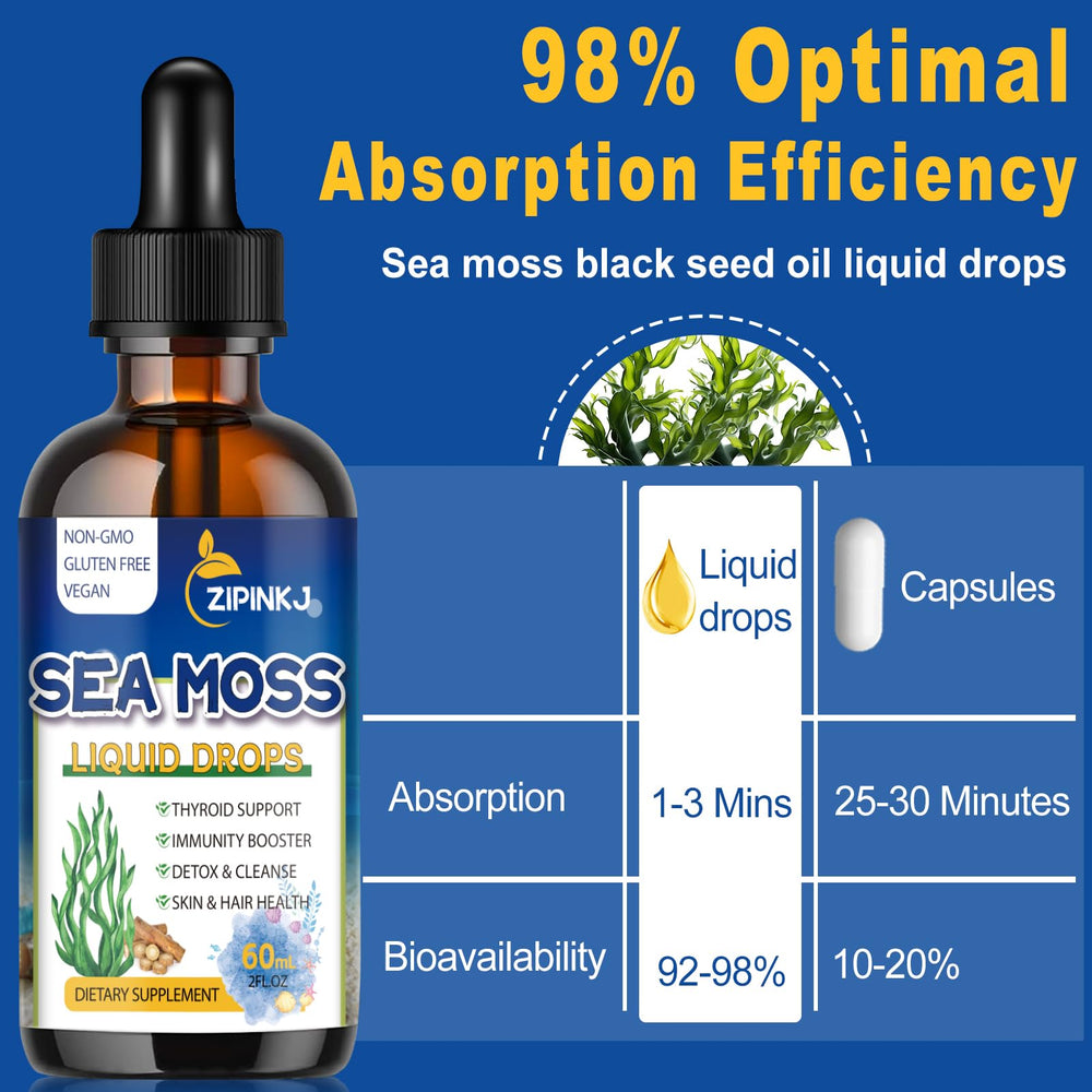 ZIPINKJ Sea Moss Drops packaging emphasizes non-GMO vegan formula