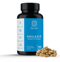 ZIPSON Shilajit bottle with 90 capsules for daily vitality support.