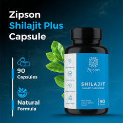 ZIPSON Shilajit bottle close-up highlighting easy-to-swallow capsules.