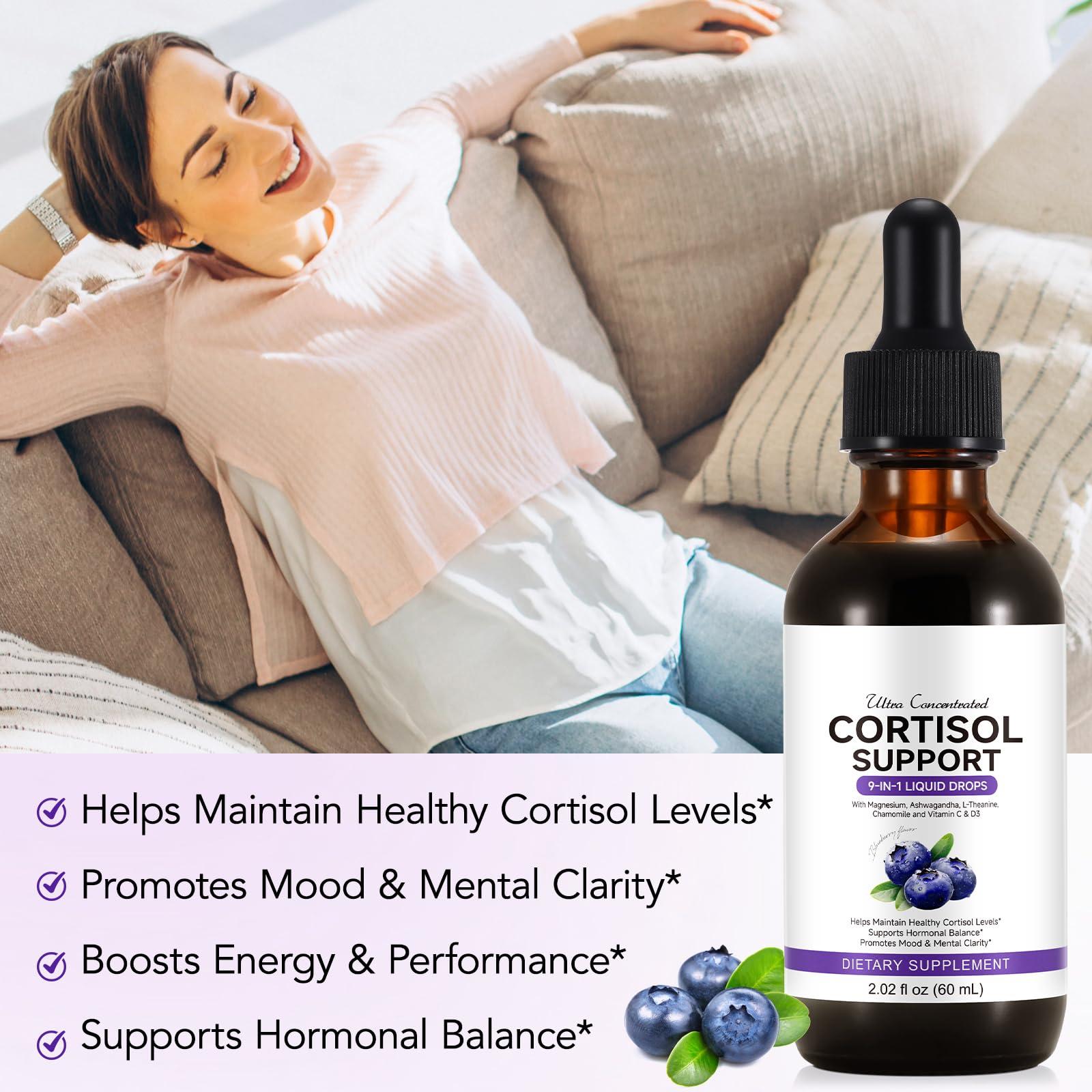 L-Theanine ingredient bottle emphasizing a tranquil focus effect.