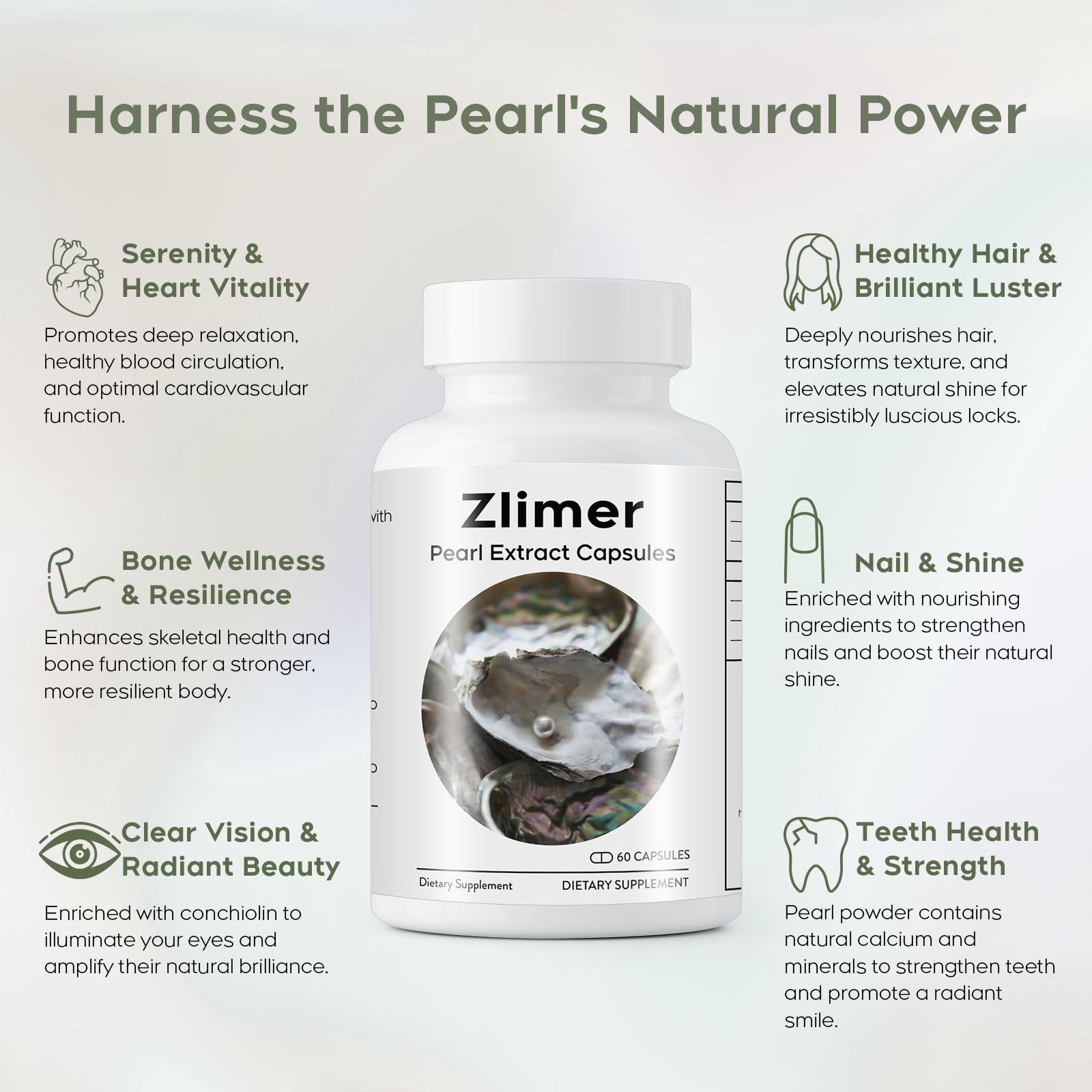 Zlimer Organic Pearl Powder Capsules ingredient list emphasizes minerals and amino acids.