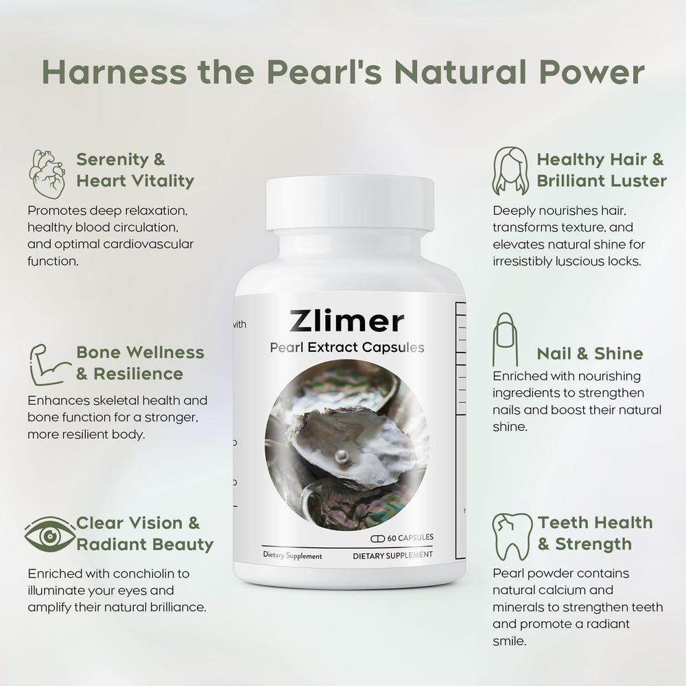 Zlimer Organic Pearl Powder Capsules ingredient list emphasizes minerals and amino acids.