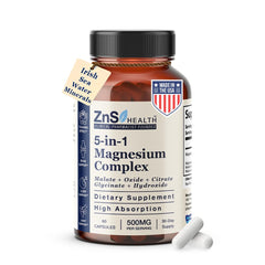 ZnS Health 5-in-1 magnesium bottle with capsules for daily energy support.