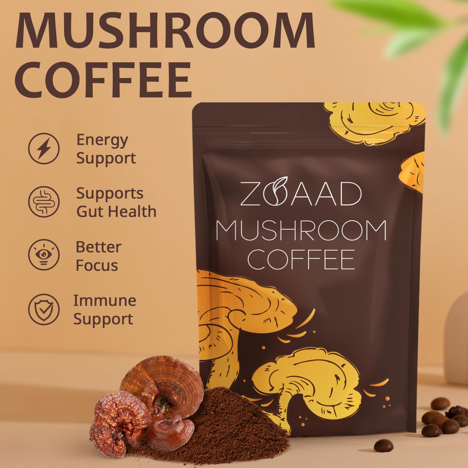 ZOAAD Mushroom Coffee cup with steam representing a warm, steady energy moment