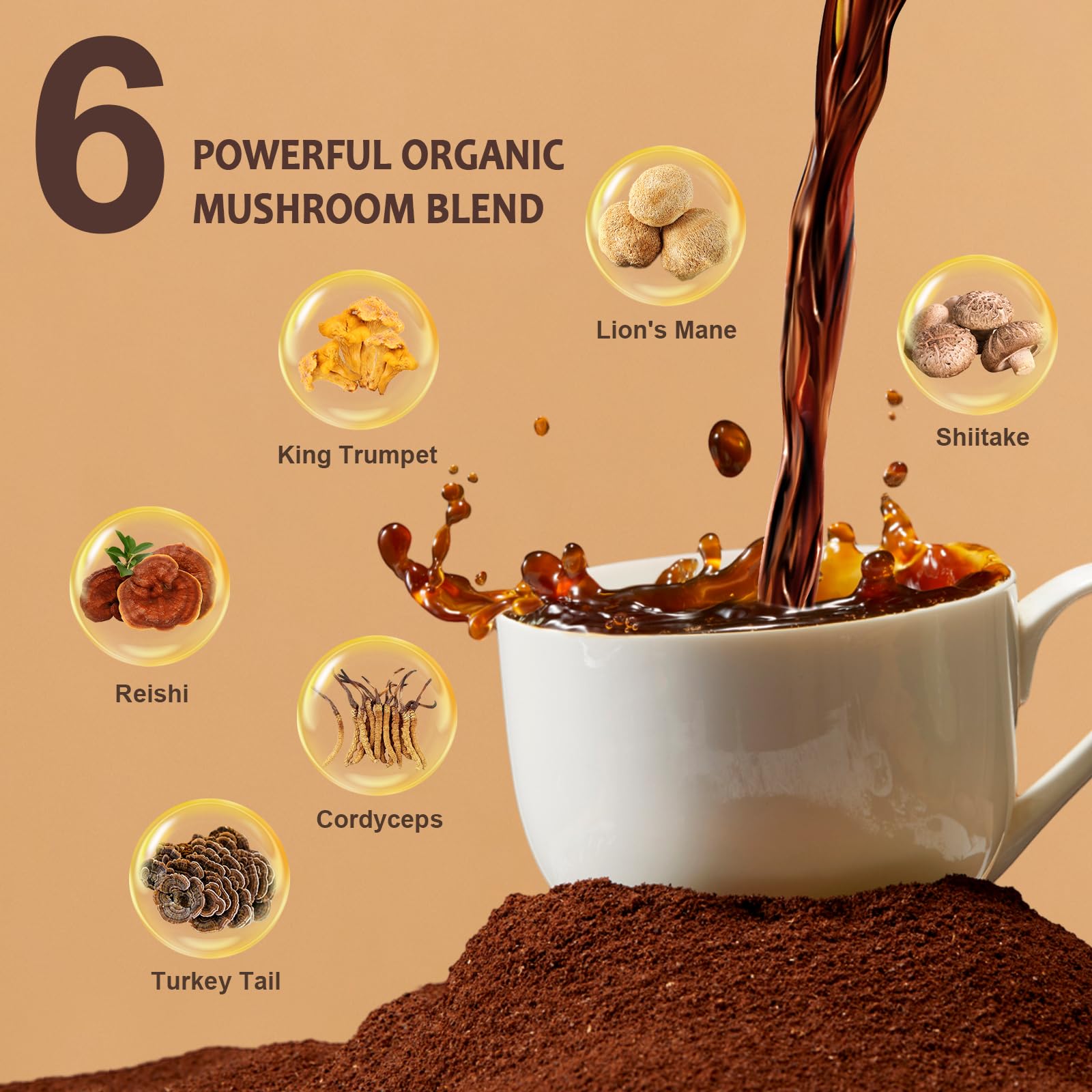 ZOAAD Mushroom Coffee dissolved powder in water creating a smooth, balanced cup