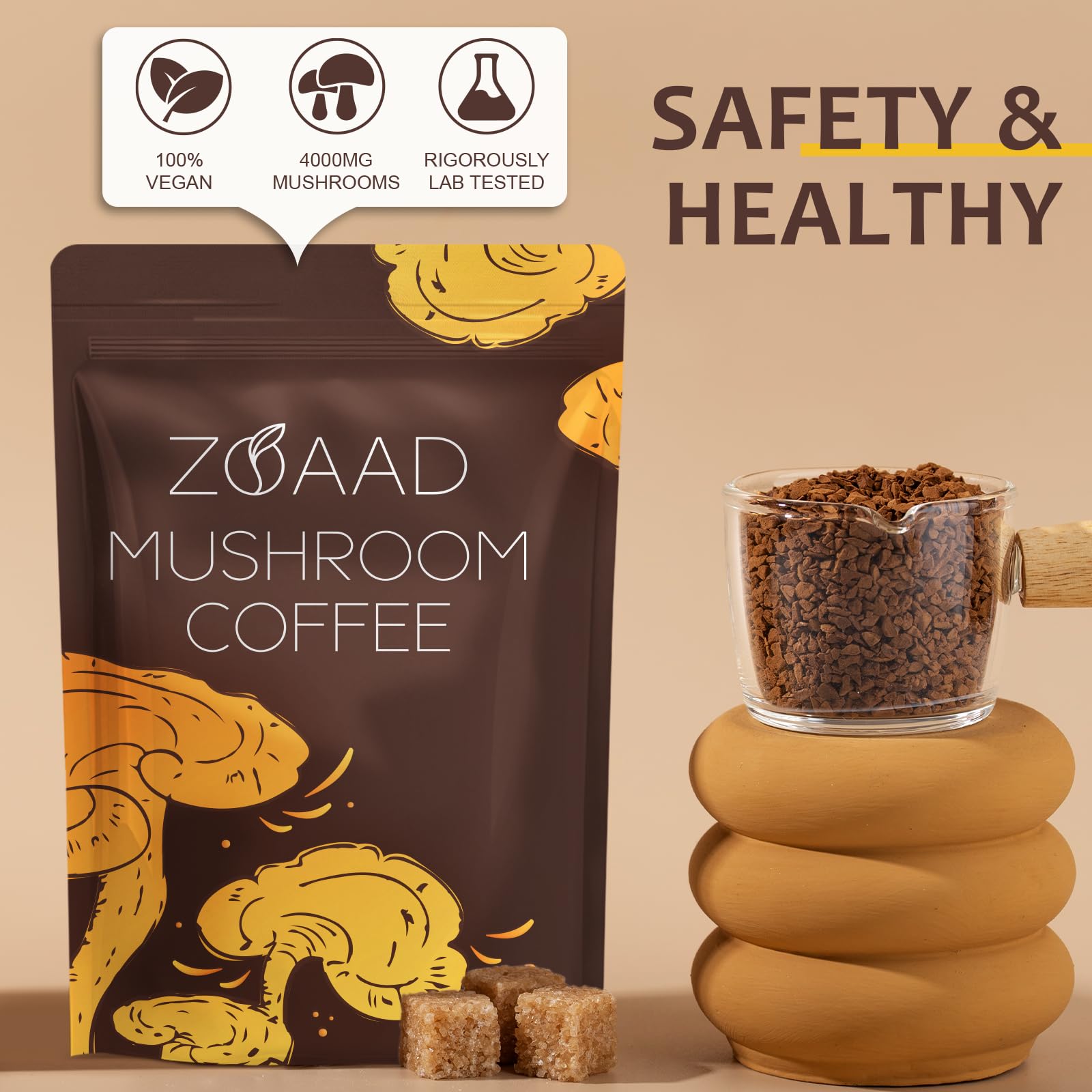 ZOAAD Mushroom Coffee jar with spoon suggests easy preparation and instant mix