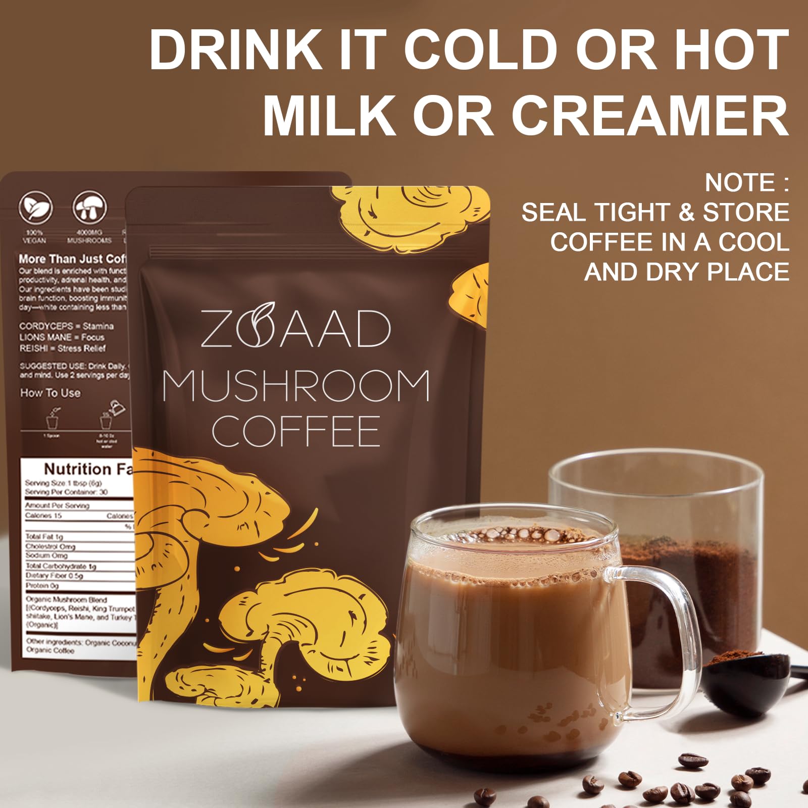ZOAAD Mushroom Coffee packaging closeup featuring eco friendly design