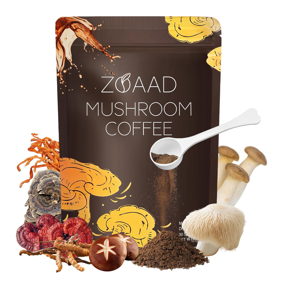 ZOAAD Mushroom Coffee tub label showing six mushrooms and organic blend for focus