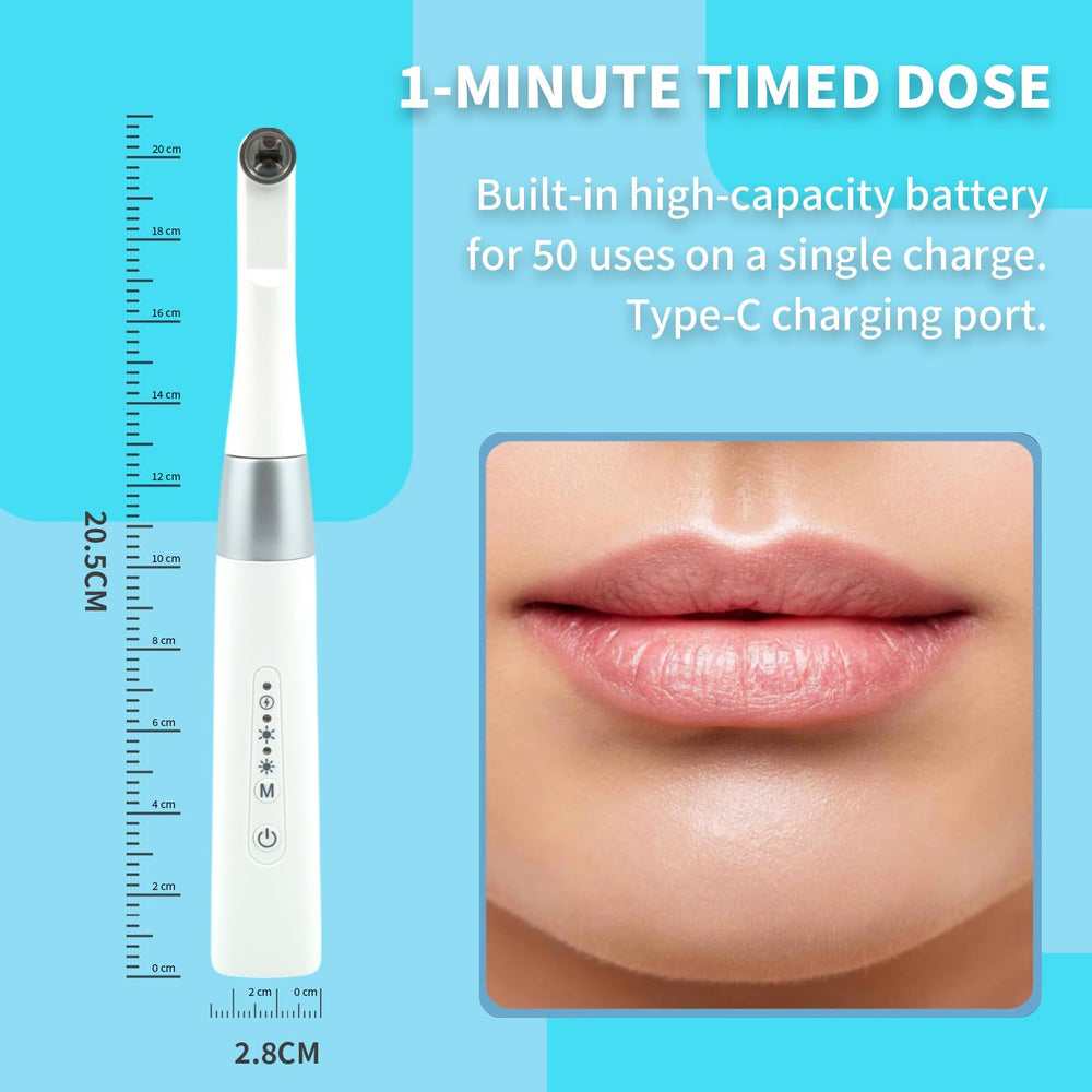 Zobosin wand targets a cold sore area with focused light therapy.