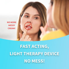 Zobosin wand near the ears for soothing light therapy use.