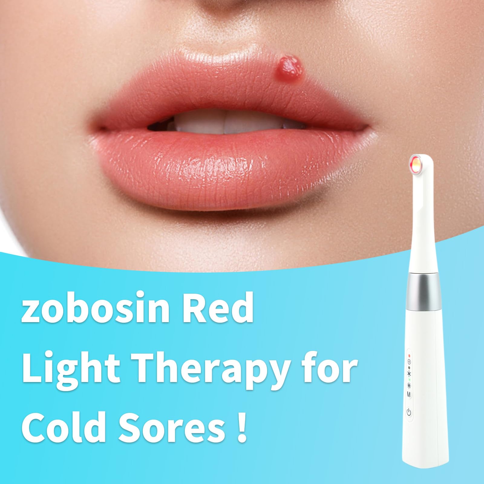 Zobosin wand focused on lips for gentle, drug-free cold sore care.