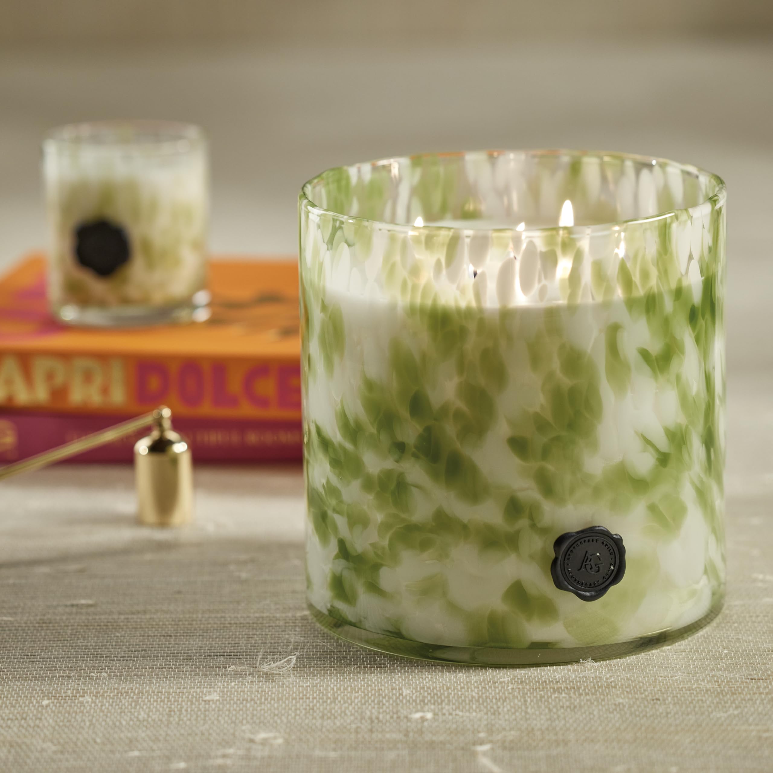 Zodax Apothecary Guild opal glass jar candle in green tortoise pattern enhances decor