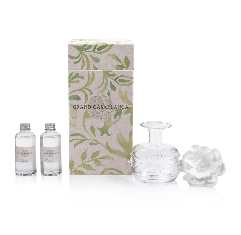 Zodax Grand Casablanca porcelain lotus bloom enhances decor and aroma.