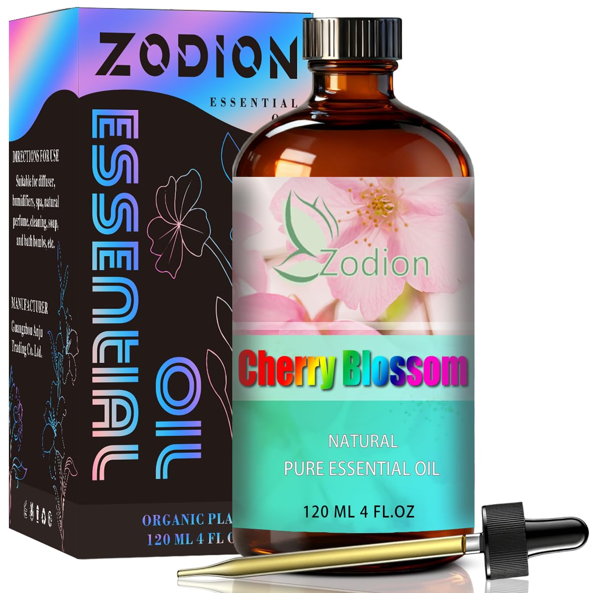 ZODION Cherry Blossom oil bottle, amber glass, pure aroma for diffusion.