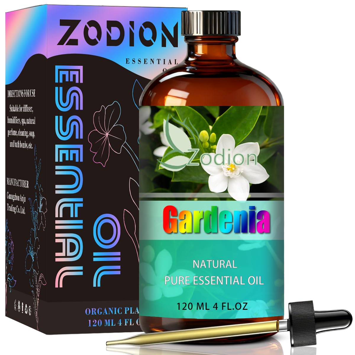 ZODION Gardenia oil bottle for calming diffuser blends and home fragrance.