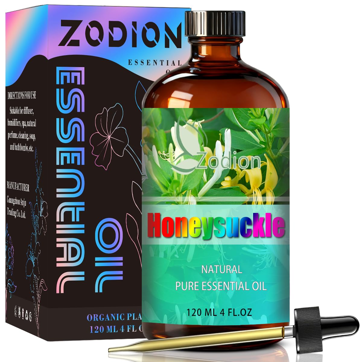 ZODION Honeysuckle essential oil bottle with dropper for precise diffusion.