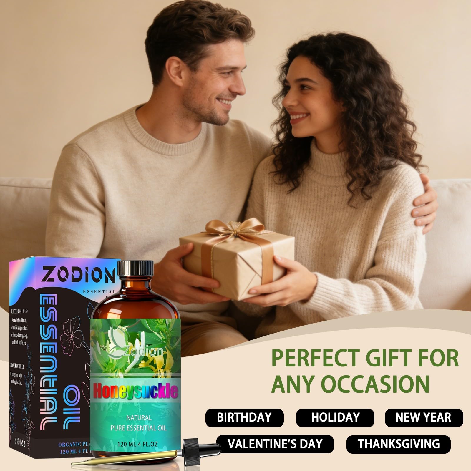 ZODION Honeysuckle essential oil for massage and skincare routines.