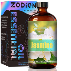 ZODION Jasmine essential oil bottle in amber glass enhances aroma and shelf life.