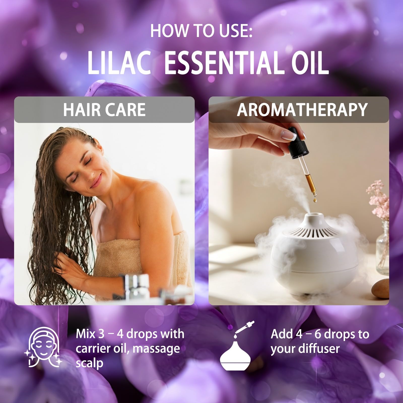 ZODION Lilac Essential Oil used in bath rituals for relaxing moments.