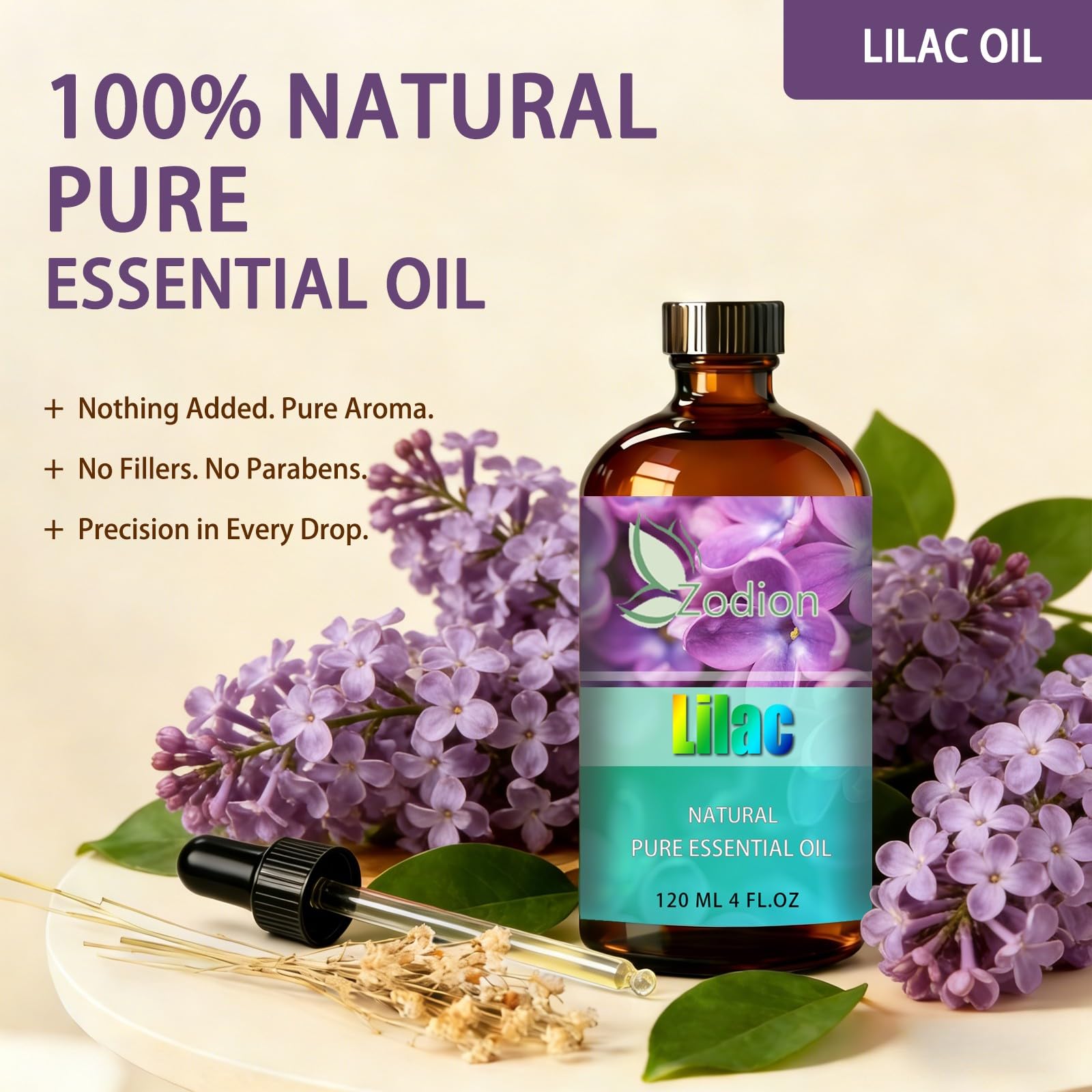 ZODION Lilac Essential Oil dropper bottle for precise application and measuring.