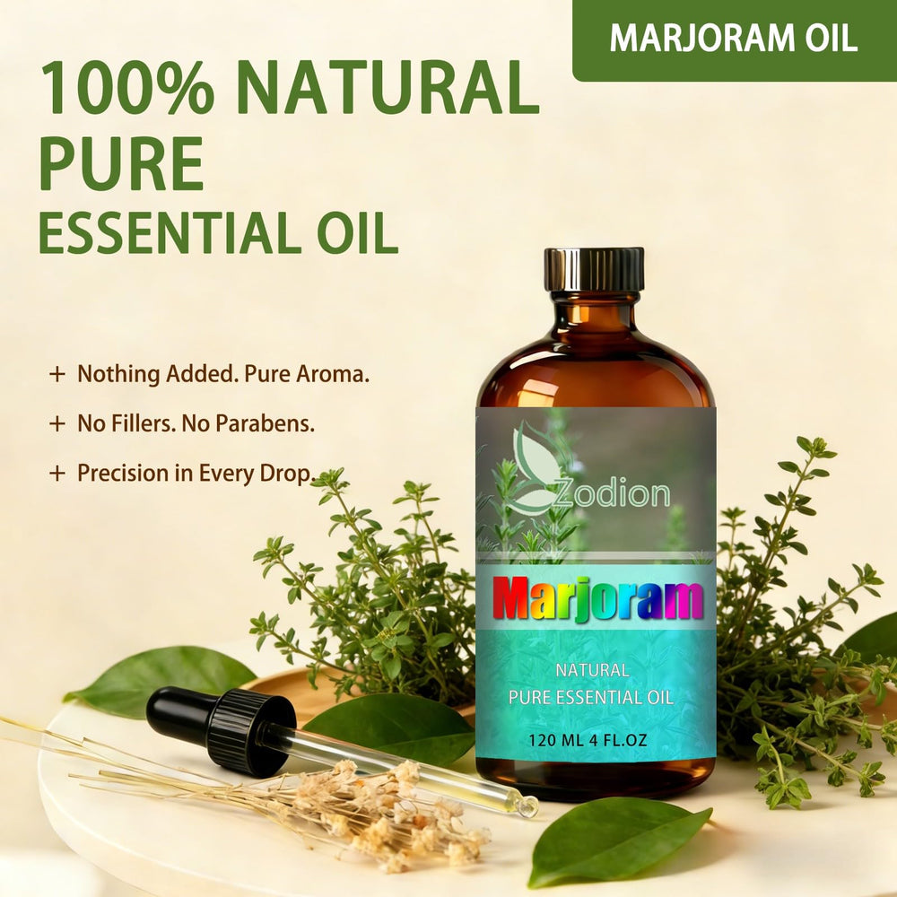 ZODION Marjoram essential oil diffuser in room for calm focus.