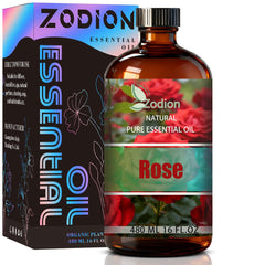 Zodion Rose essential oil bottle for pure aromatherapy and diffuser use.