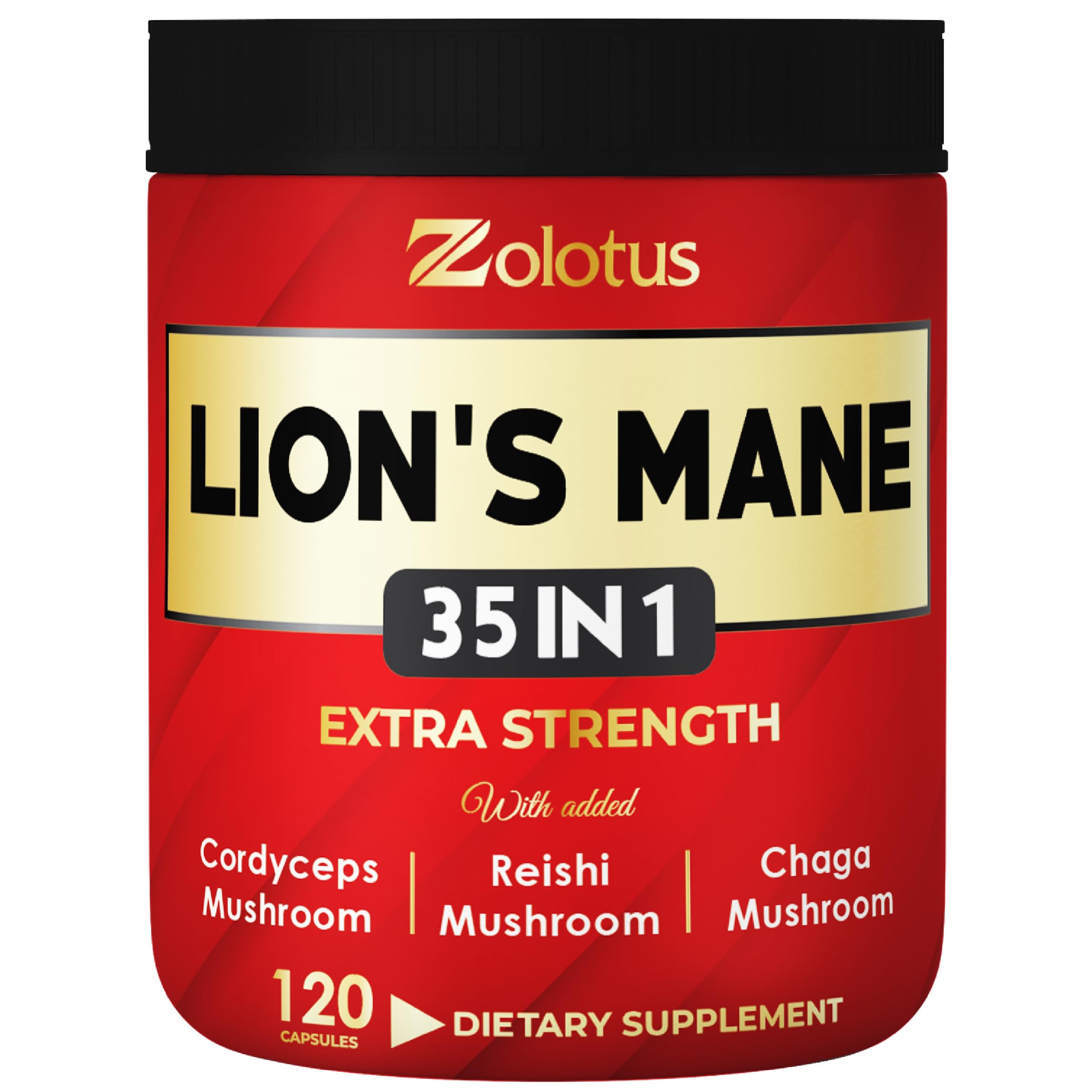 Zolotus 35in1 Lions Mane bottle packaging for easy daily use and premium quality.