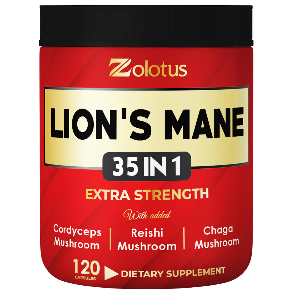 Zolotus 35in1 Lions Mane bottle packaging for easy daily use and premium quality.