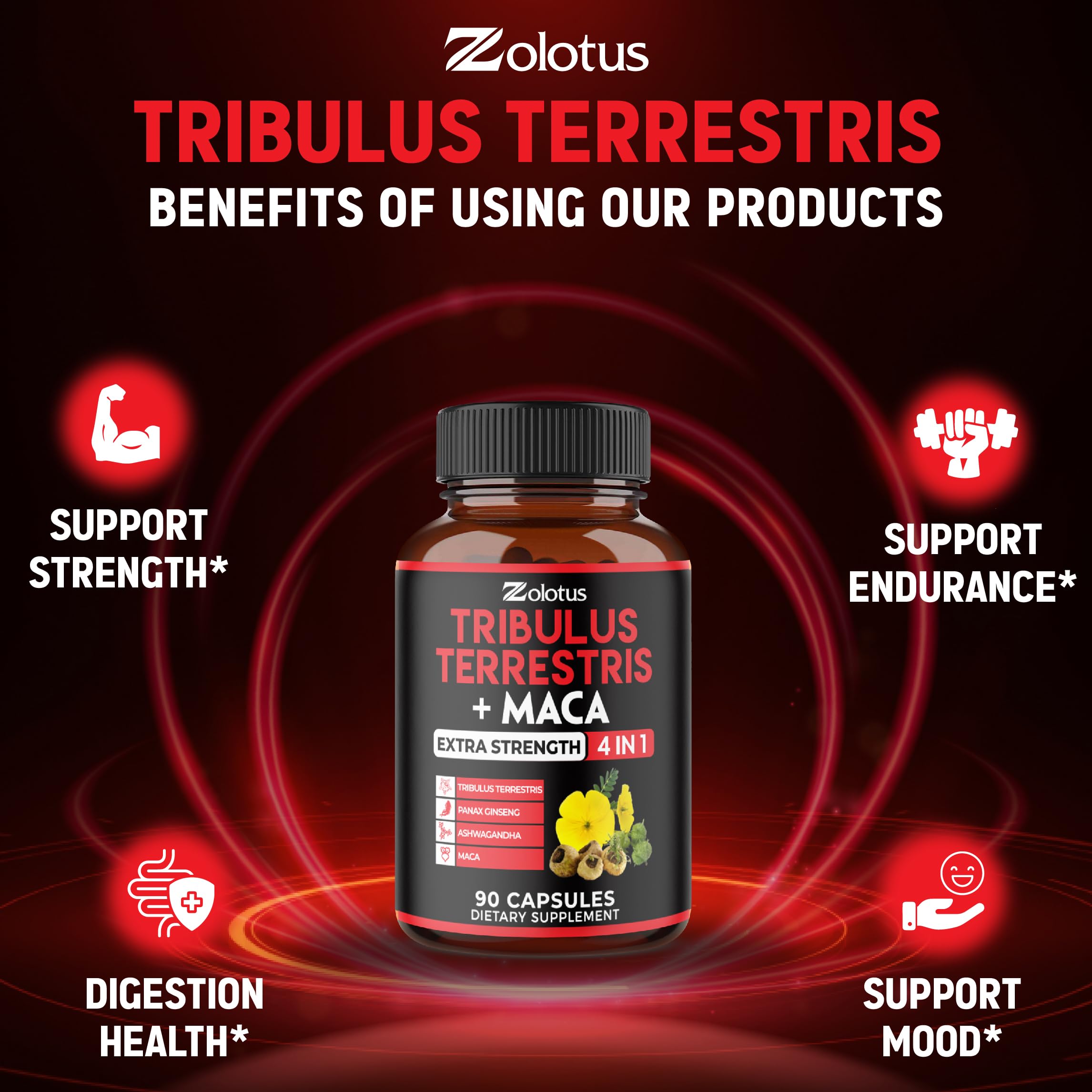 Zolotus ingredient icons featuring tribulus, ashwagandha, ginseng, and maca.