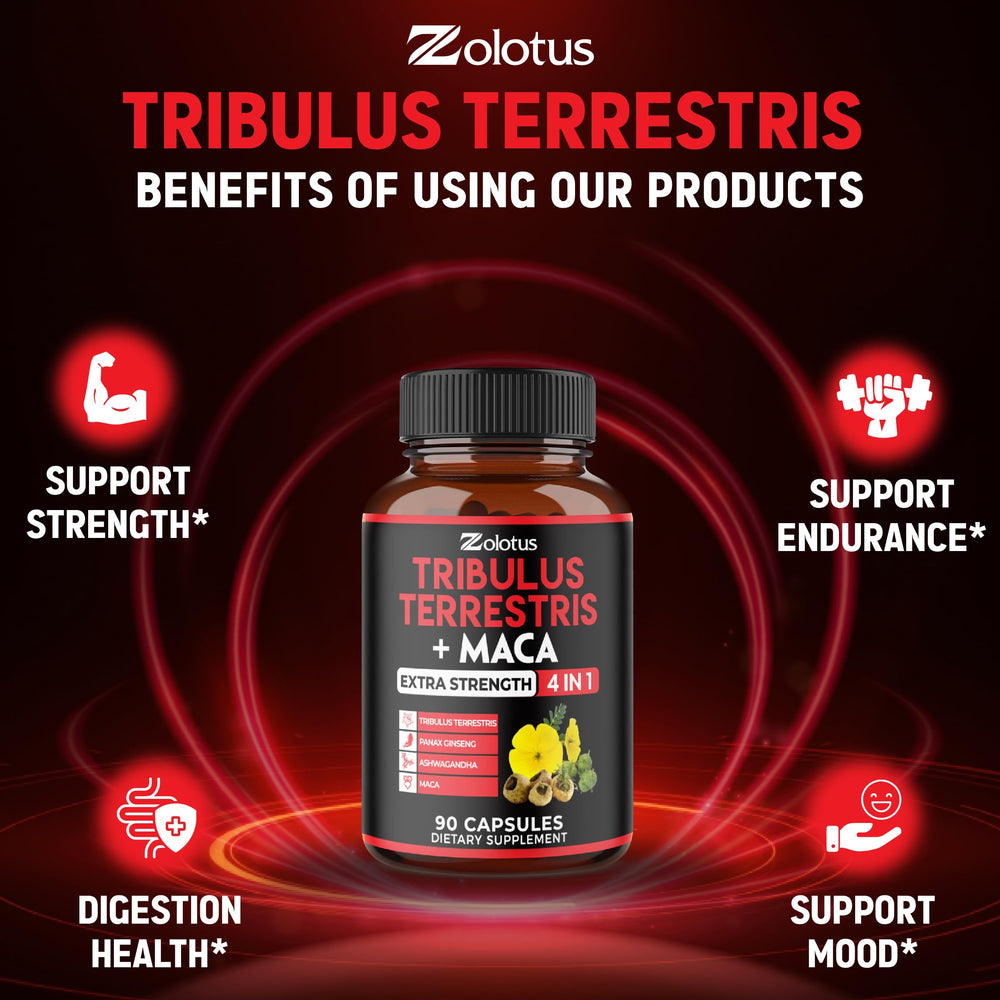 Zolotus ingredient icons featuring tribulus, ashwagandha, ginseng, and maca.