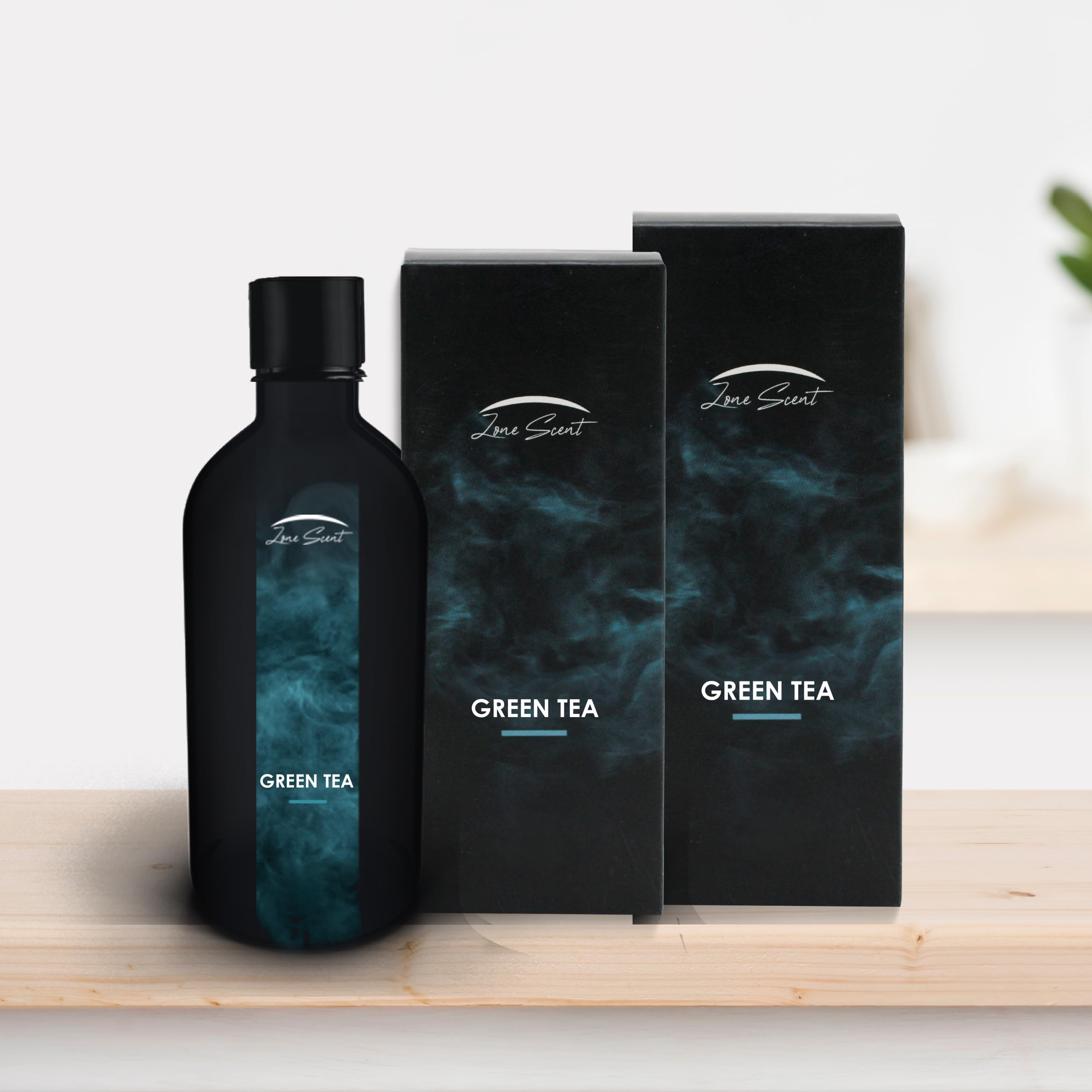Zone Scent Green Tea packaging emphasizes eco-friendly materials and sustainability.