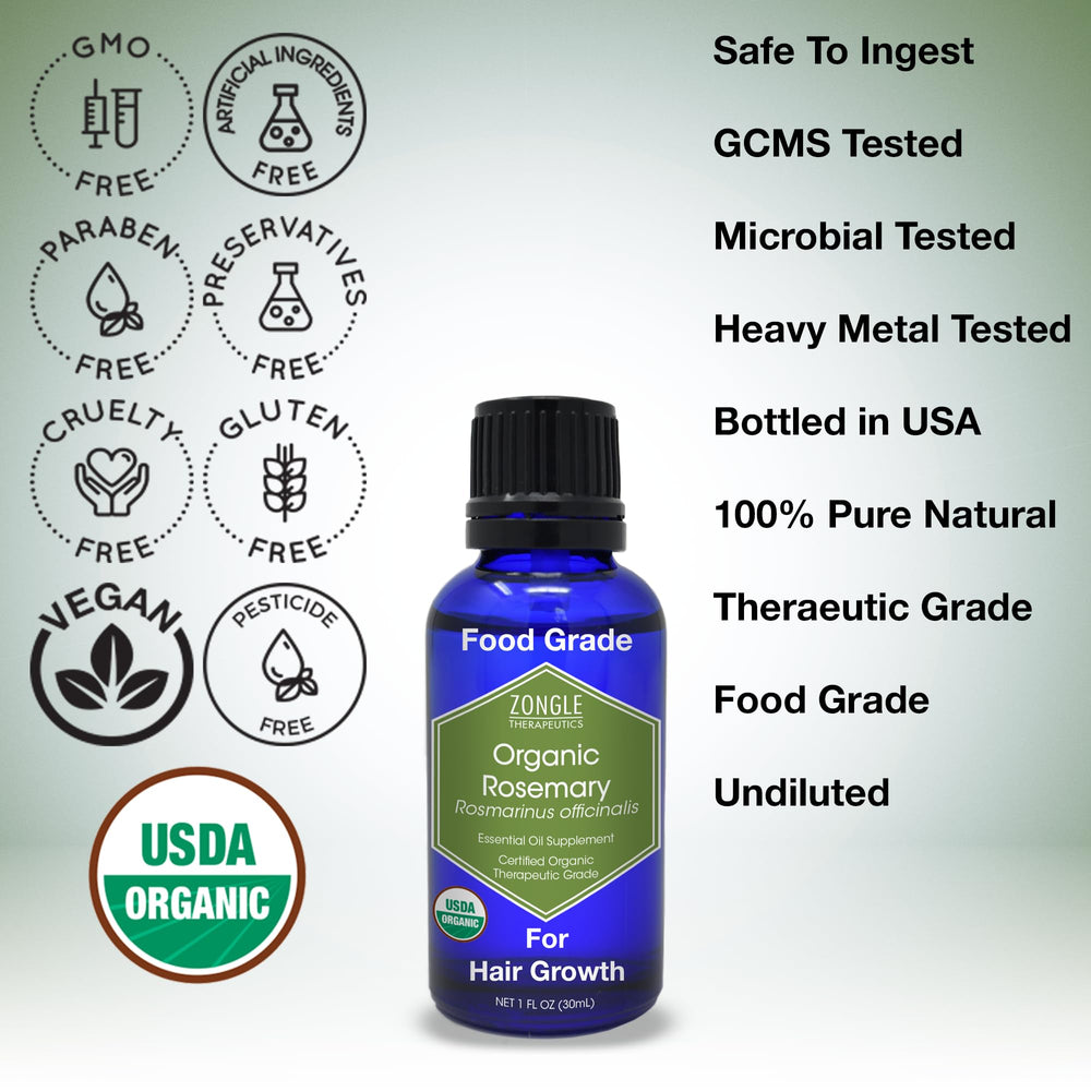 Zongle Therapeutics rosemary oil label indicating organic, food-grade quality and testing