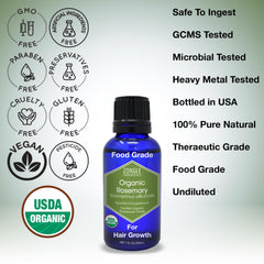 Zongle Therapeutics rosemary oil label indicating organic, food-grade quality and testing