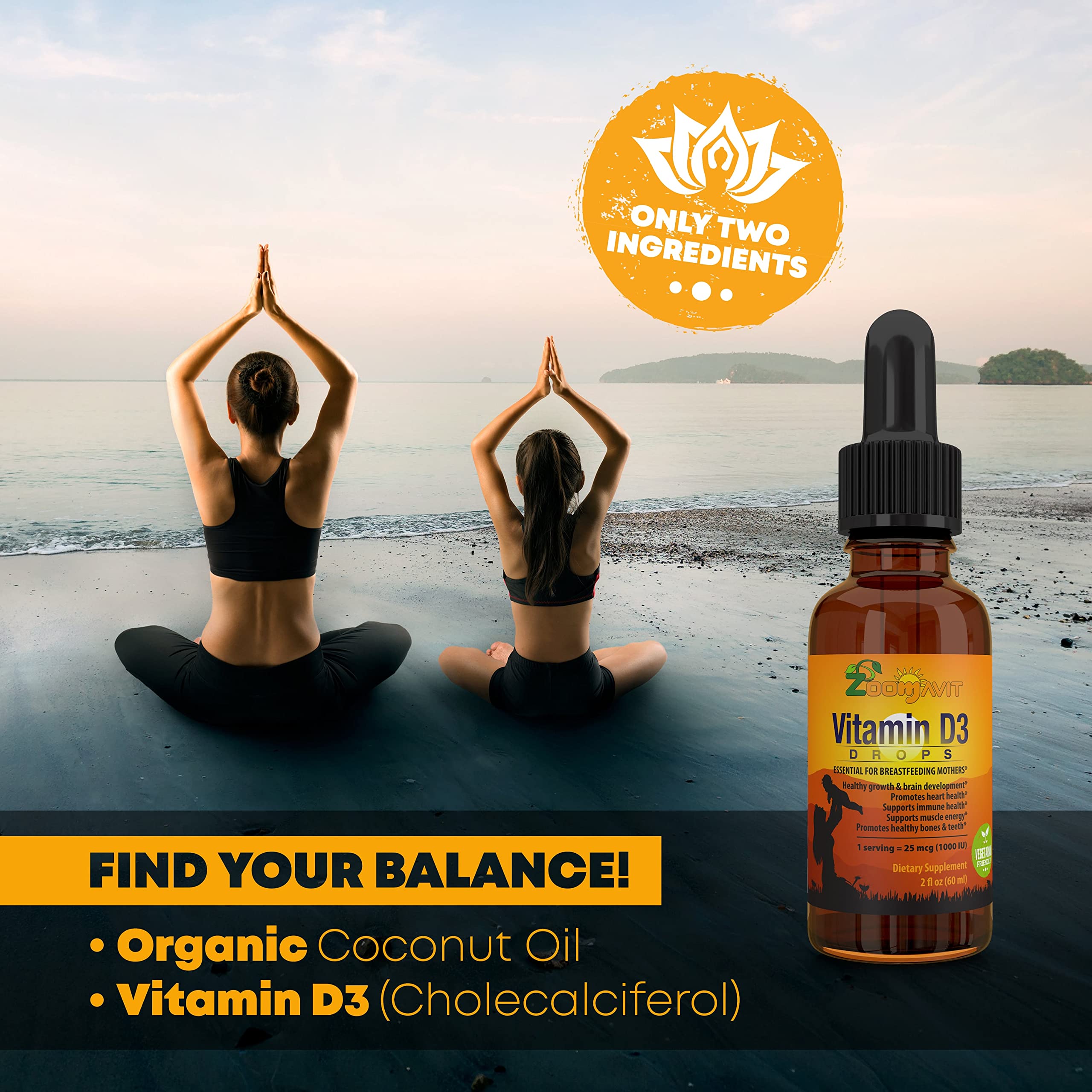 Zoomavit Vitamin D Drops bottle label shows 1000 IU in a 2 oz bottle.