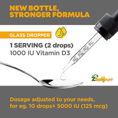 Close-up of Zoomavit Vitamin D Drops being dispensed into an infant bottle with a dropper.