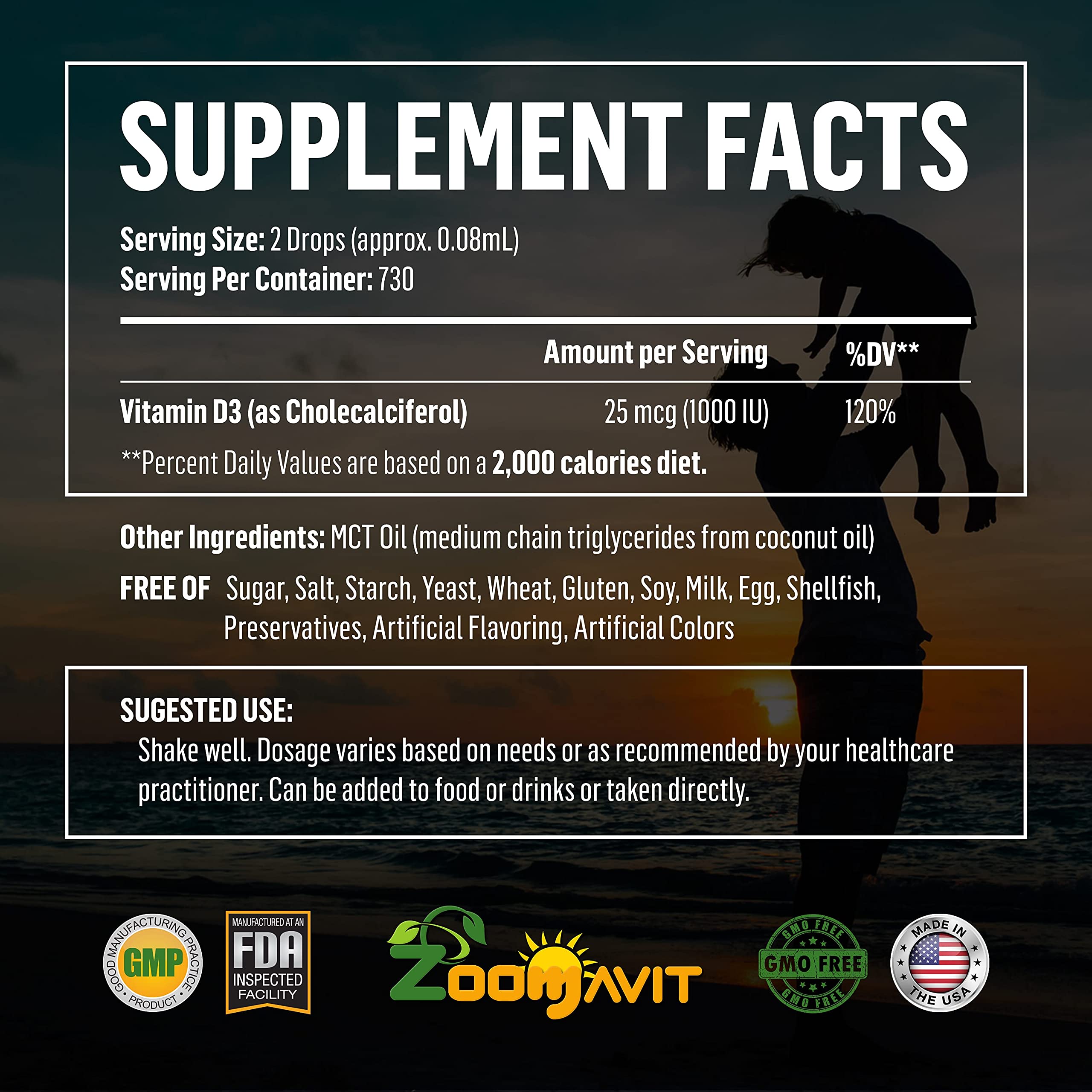 Zoomavit Vitamin D Drops bottle provides 1460 tasteless servings.