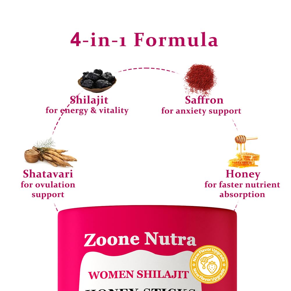 Zoone Nutra Honey Sticks Shilajit Women Strawberry, unwrapped stick for on-the-go wellness.