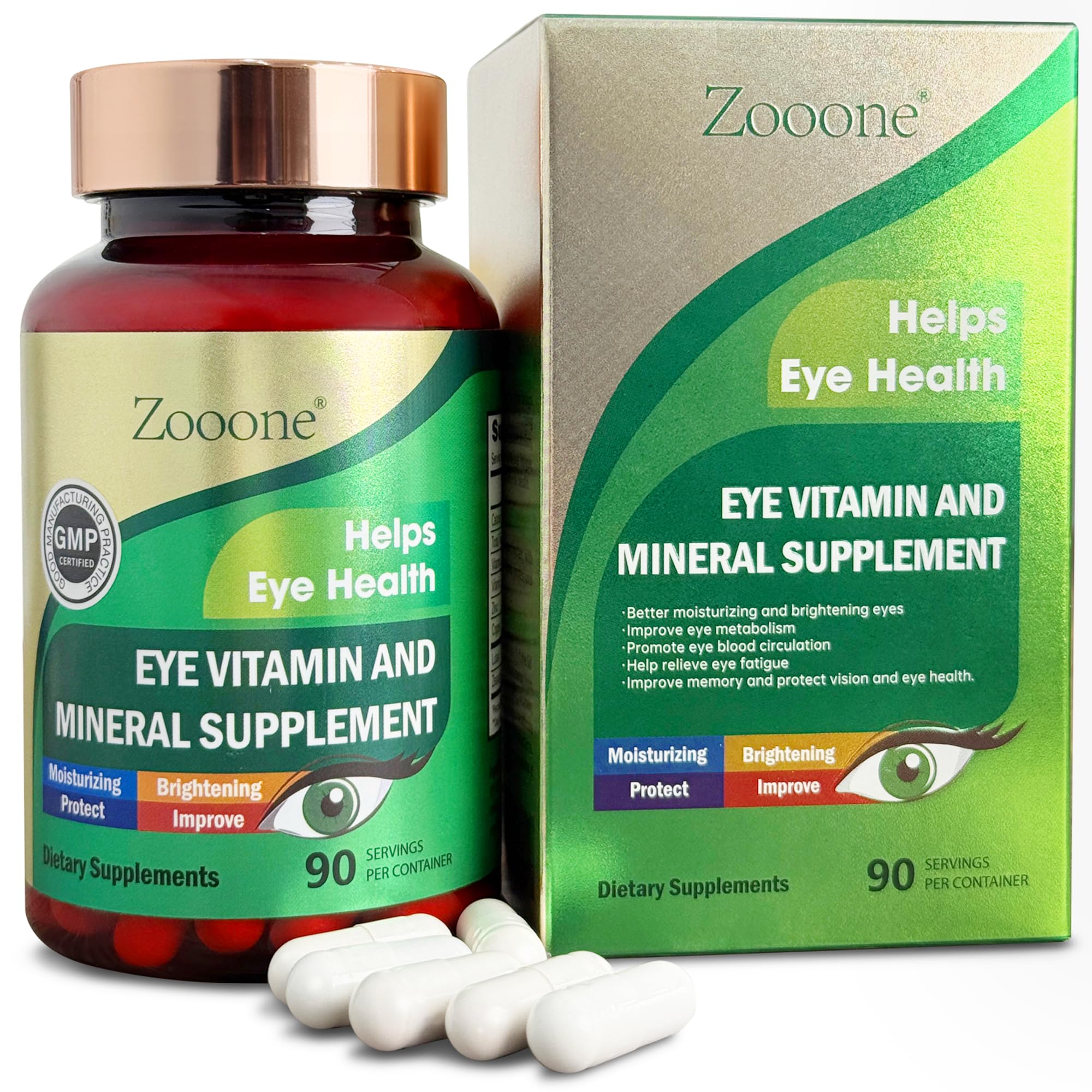 Zooone eye vitamins bottle showing lutein and zeaxanthin for daily eye support