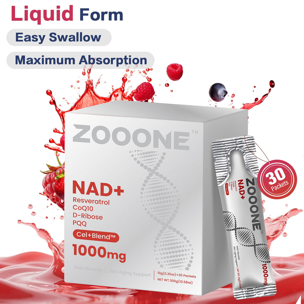Zooone NAD+ dispensing dropper highlighting fast uptake for everyday vitality