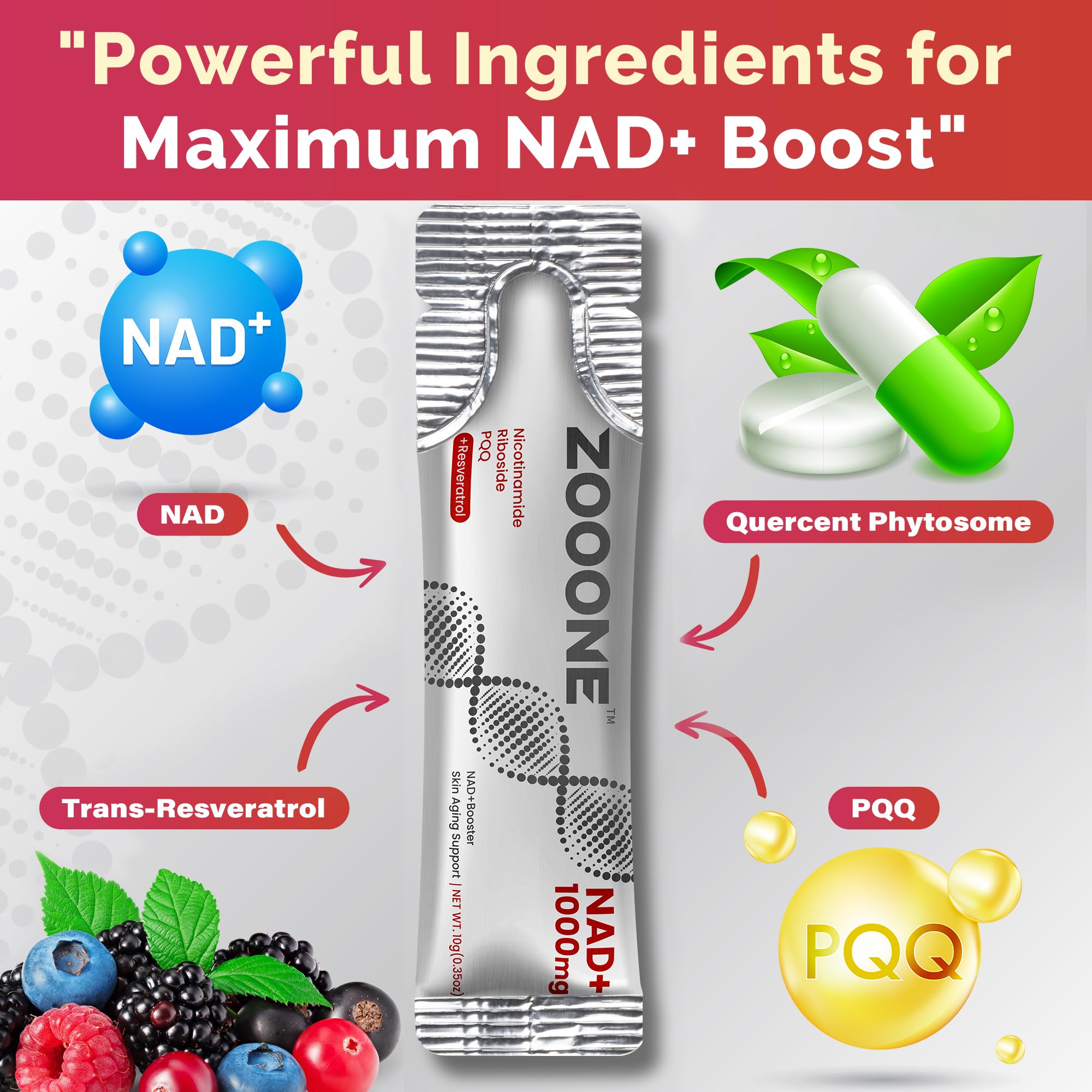 Zooone NAD+ bottle and dosage spoon close-up showing precise daily dosing