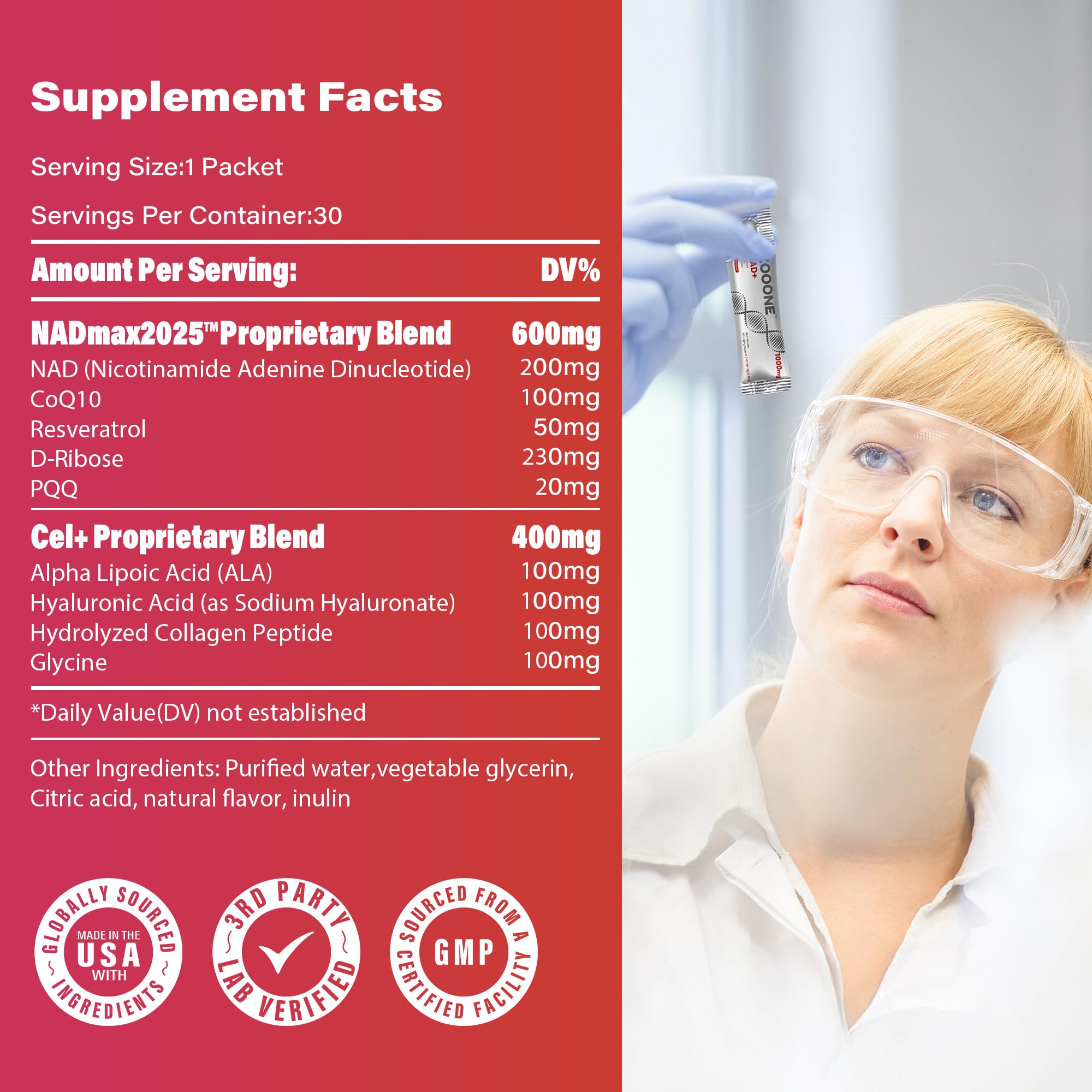 Zooone NAD+ 1000mg liquid packets made in the USA with natural ingredients.