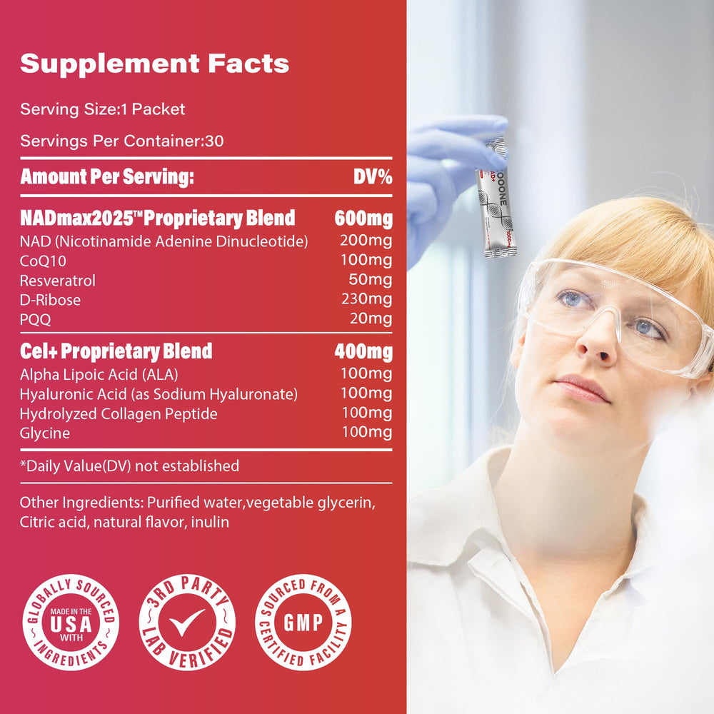 Zooone NAD+ 1000mg liquid packets made in the USA with natural ingredients.