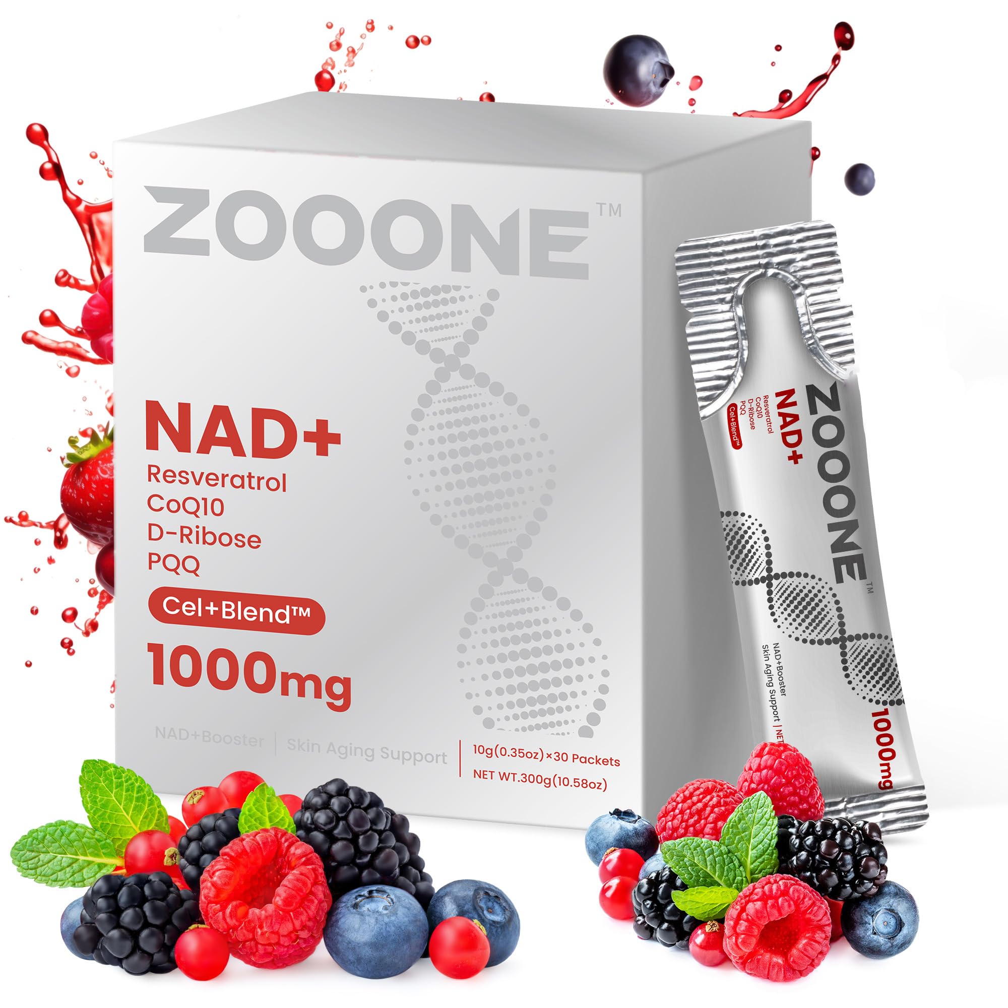 Zooone NAD+ 1000mg liquid packets are non-GMO and gluten-free.