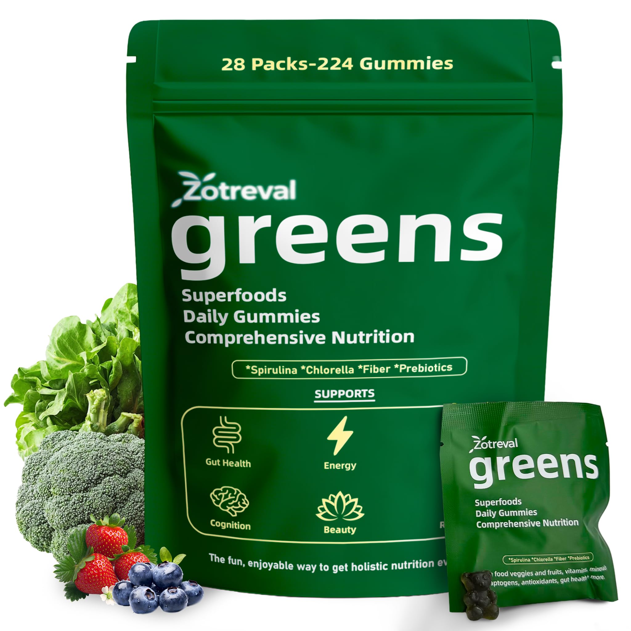 Zotreval Daily Greens gummies bottle pouring, convenient daily wellness snack for digestion